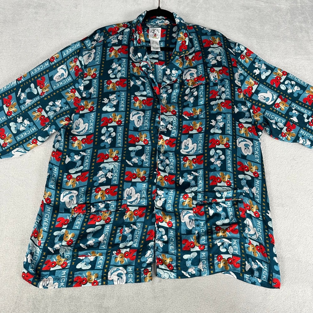 Disney Mickey & Co Pajama Shirt Women XL Blue 2000 Millennium Silk Button Up Top